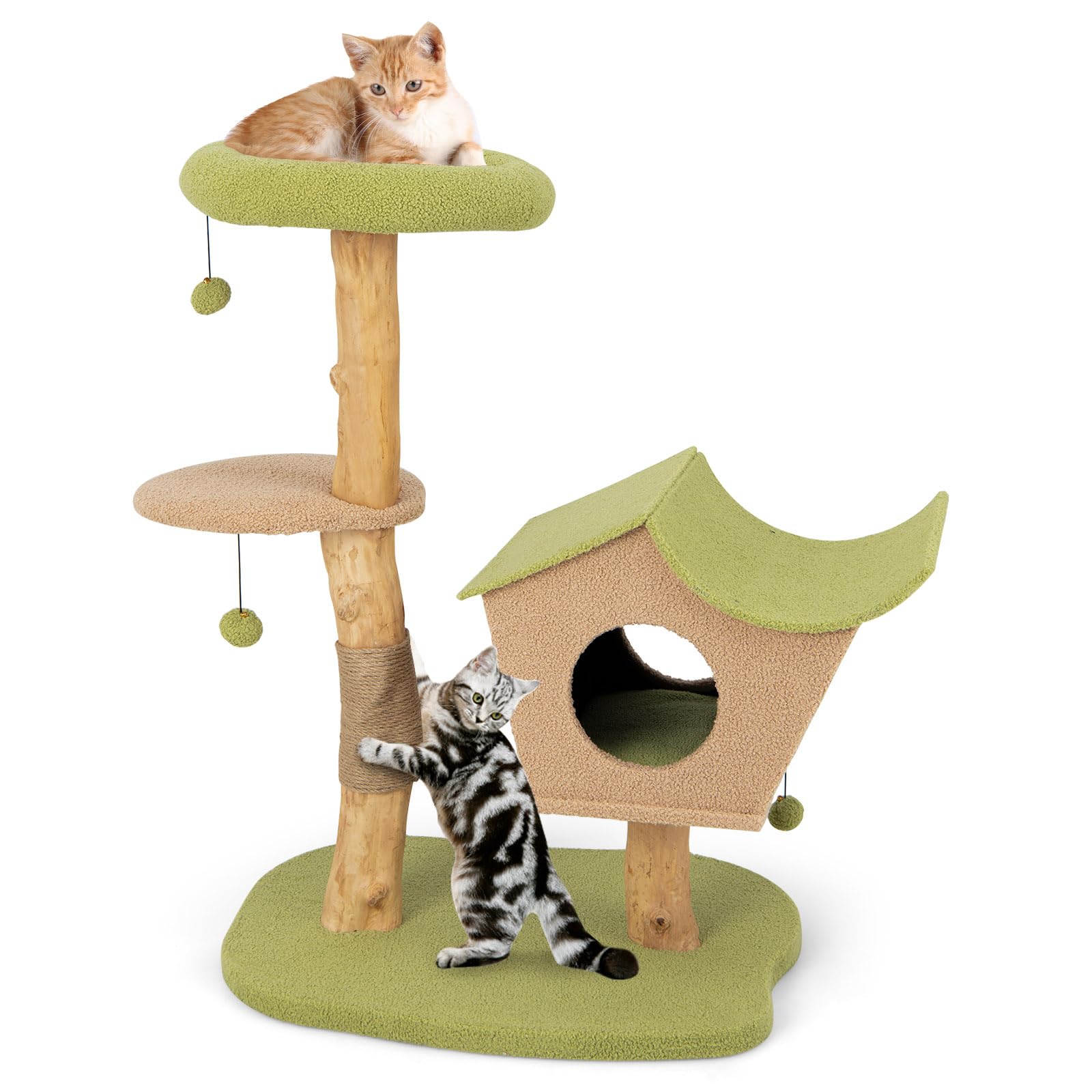 Arbre à chat Tangkula, Tour pour chat en bois massif avec poteau à griffer en jute, Condo pour chat, Perchoir, Balle tintante